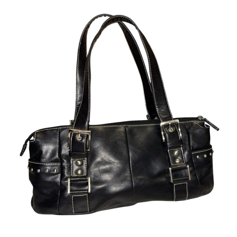 VTG Y2K 90s Black Vegan Leather Studded Baguette Shoulder Bag Silver Hardware